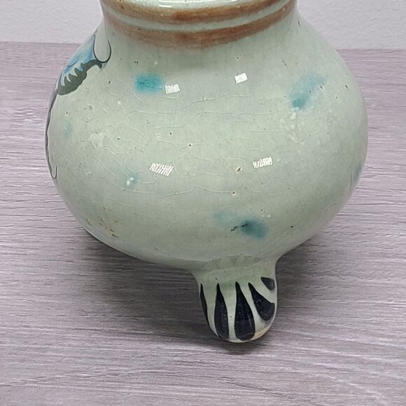 Tonala Mexican Pottery Round Footed Planter Blue Green Floral Signed CAT - Picture 5 of 8